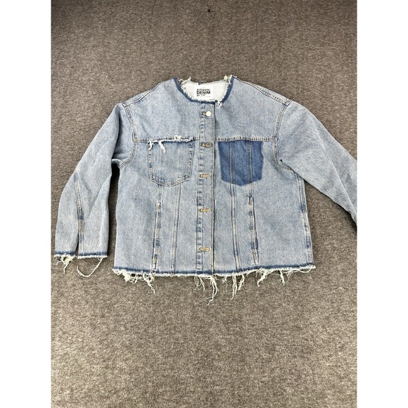 Zara Jackets & Blazers - ZARA Jean Jacket Womens Medium Denim Cropped Grunge Collarless Raw Hem